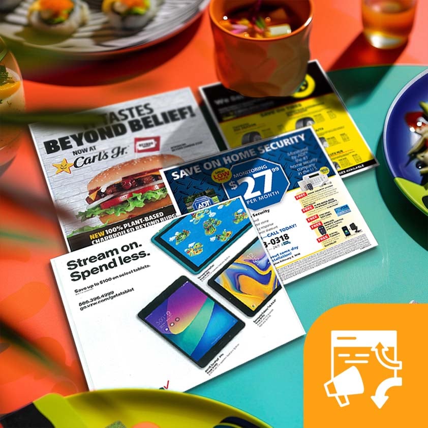 a collage of shared mail pieces laying on a colorful background
